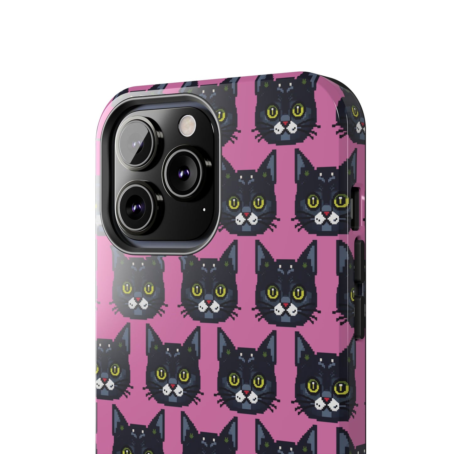 Playful Black Cat on Pink - Tough Phone Case - Pixel Cat Pattern - for iPhone