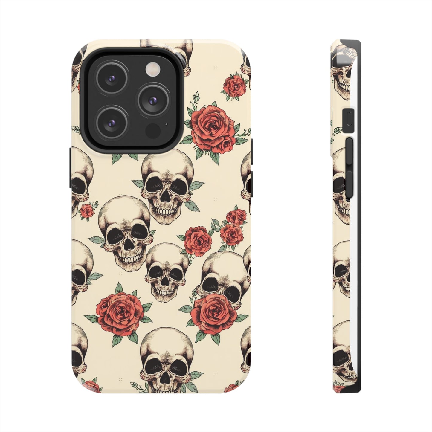 Tough Phone Case with Skull and Rose Design - Edgy Floral iPhone Protection