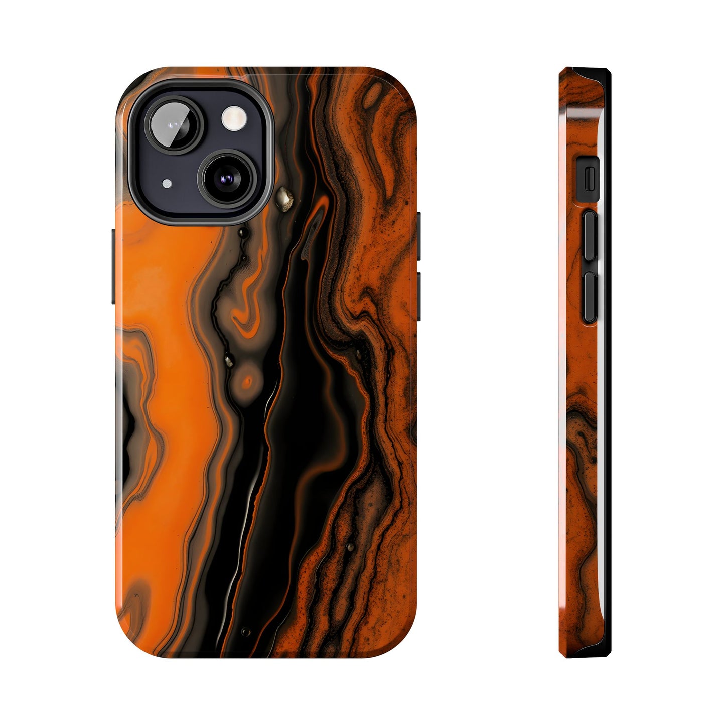 Stylish Tough Phone Case - Bold Black and Orange Metallic Lava Flow Design - for iPhone