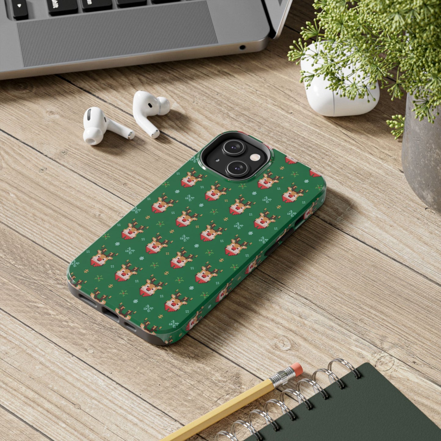Pixel Art Christmas Rudolf Pattern Phone Case Green