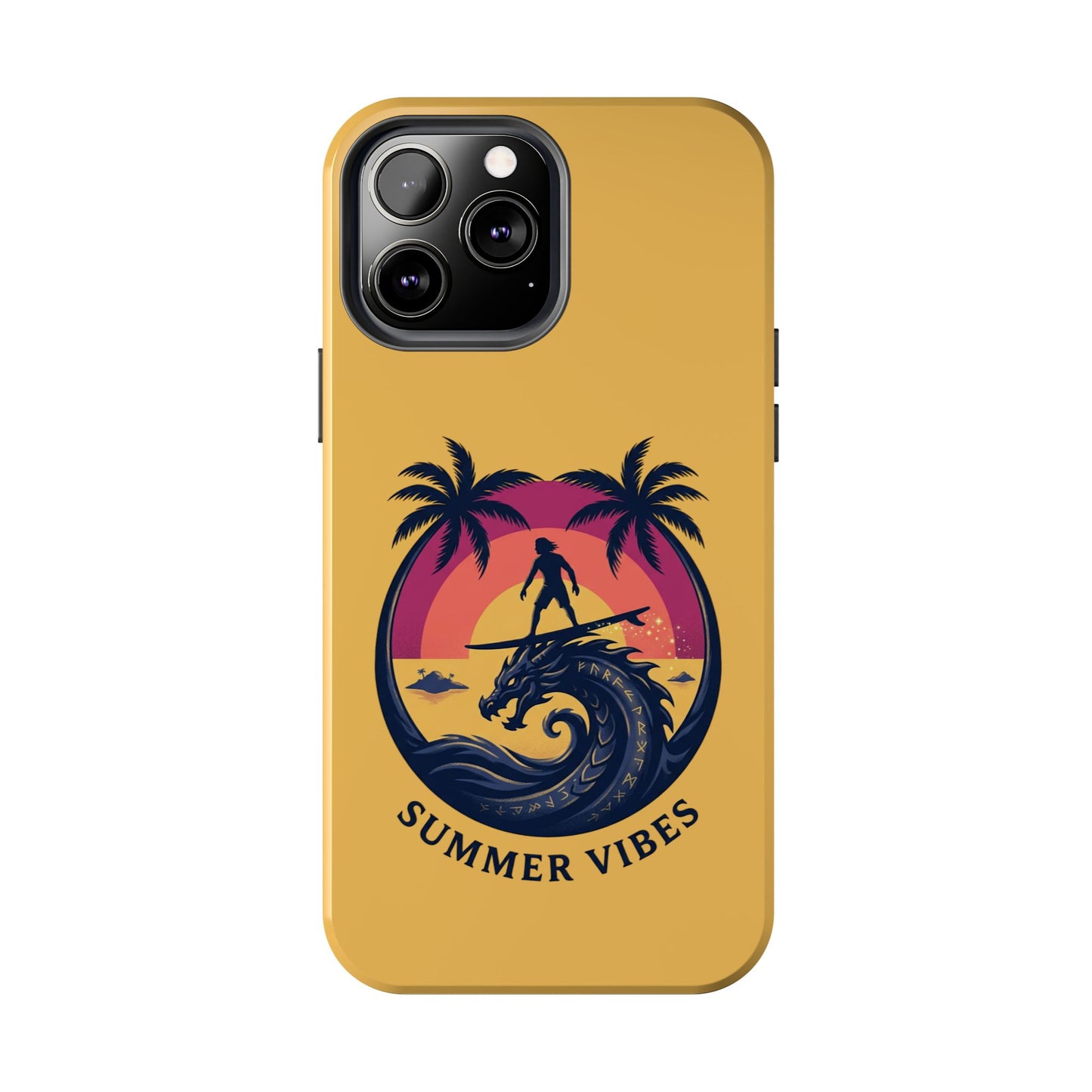 Surfing Dragon Phone Case — Silhouette Surfer with Palms & “Summer Vibes”