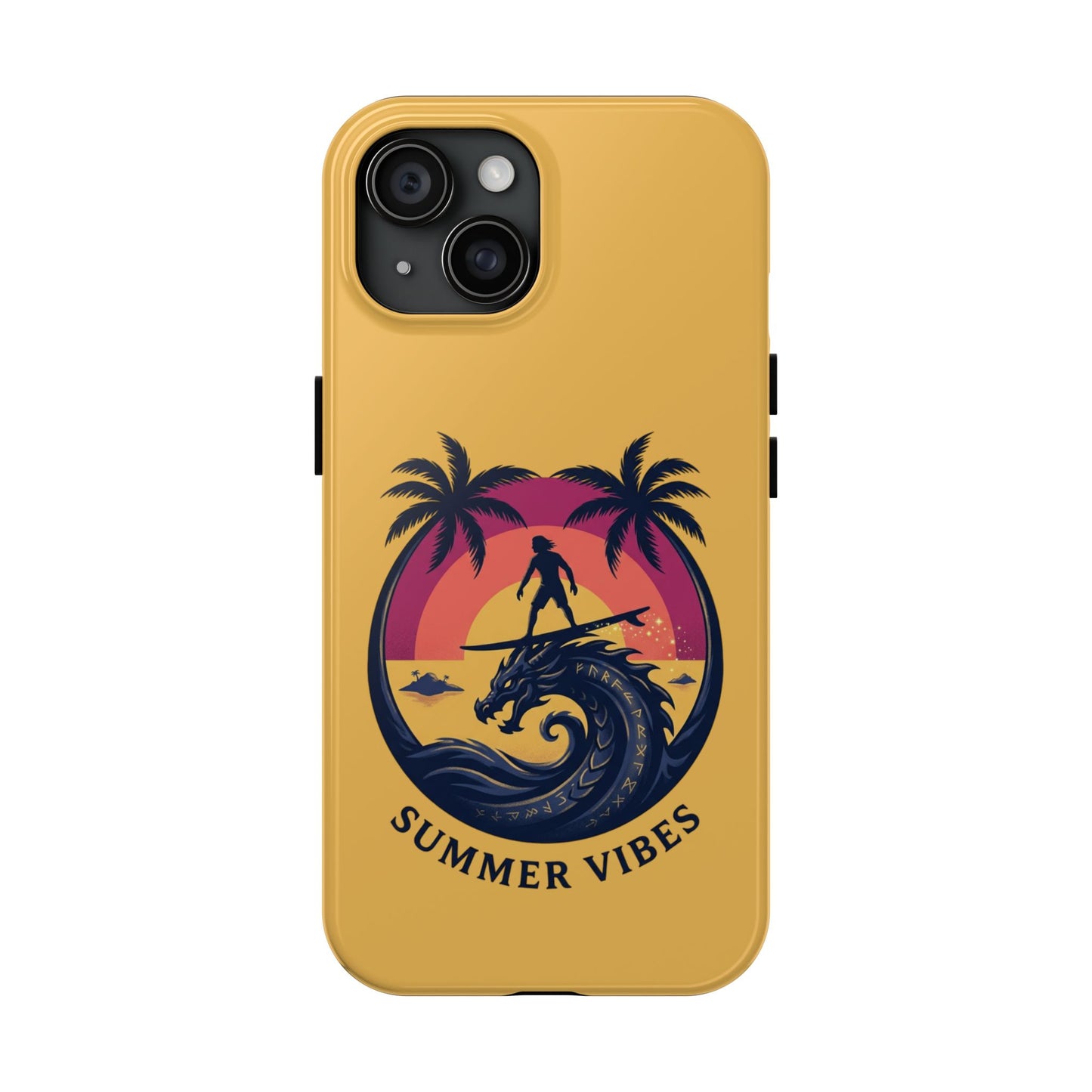 Surfing Dragon Phone Case — Silhouette Surfer with Palms & “Summer Vibes”