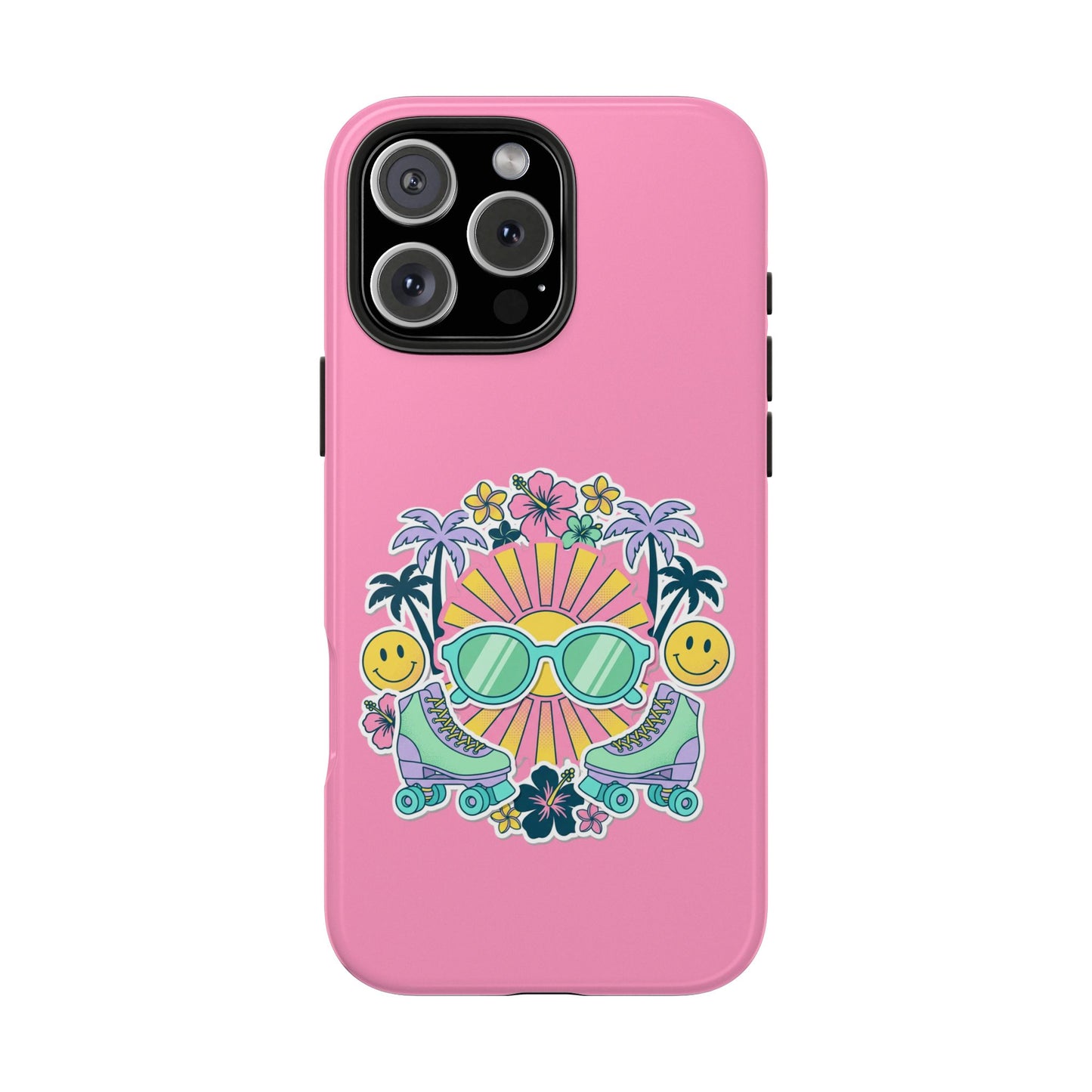 Retro Summer Phone Case — Y2K Palm Trees, Roller Skates & Smiley Collage