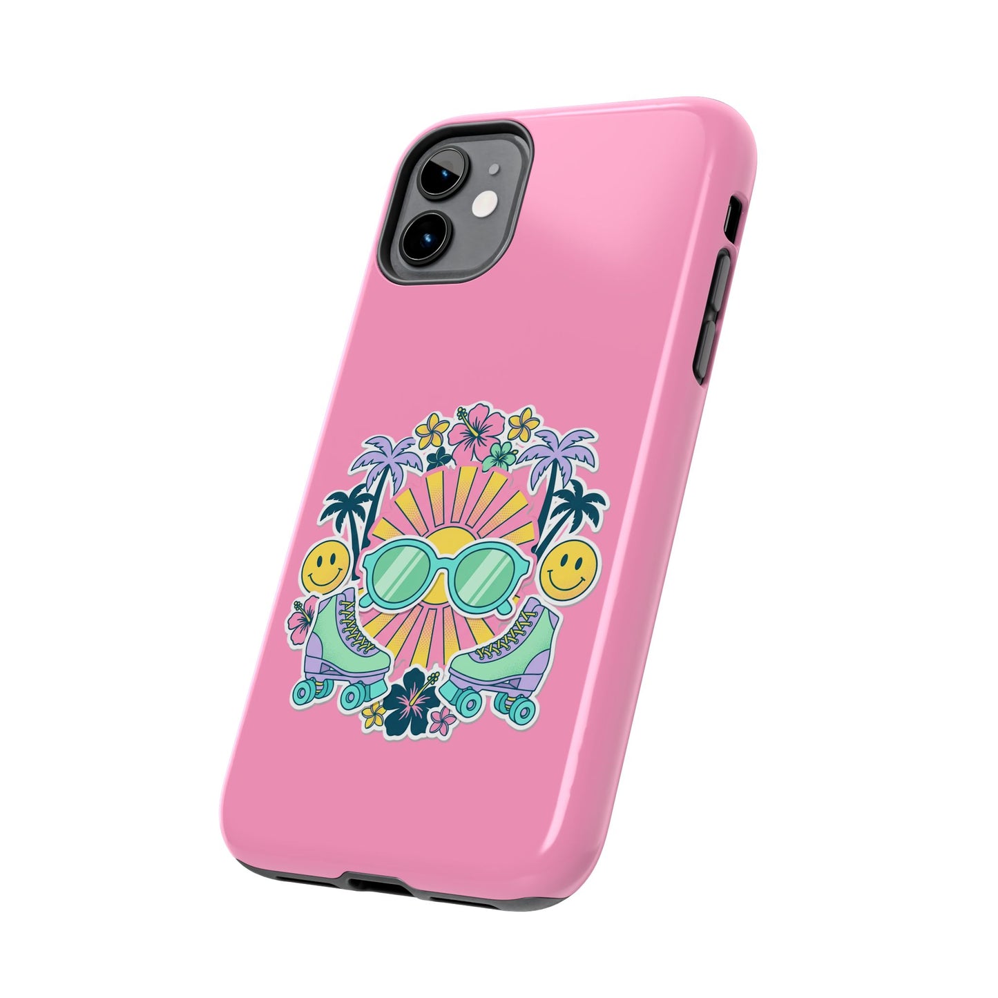 Retro Summer Phone Case — Y2K Palm Trees, Roller Skates & Smiley Collage