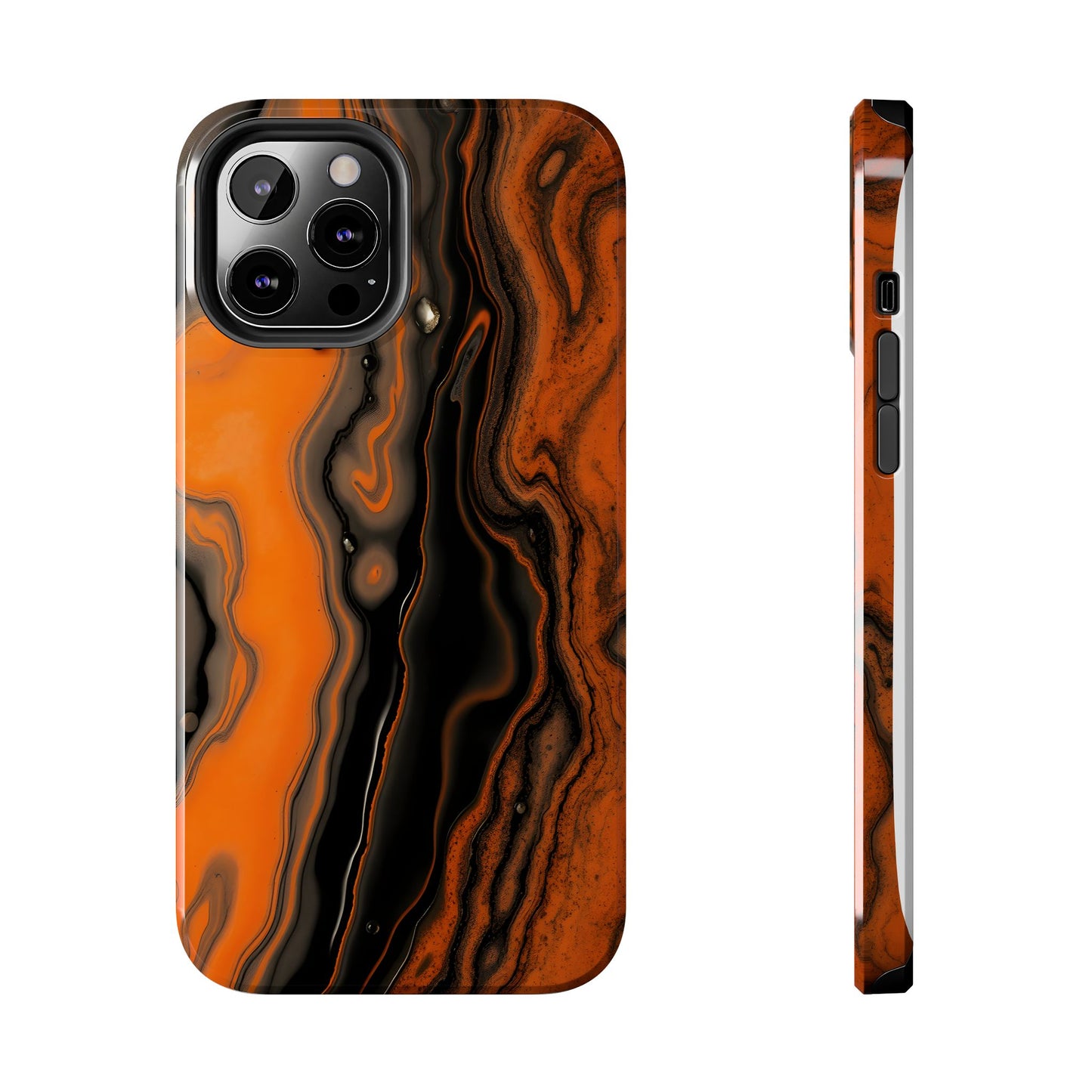 Stylish Tough Phone Case - Bold Black and Orange Metallic Lava Flow Design - for iPhone