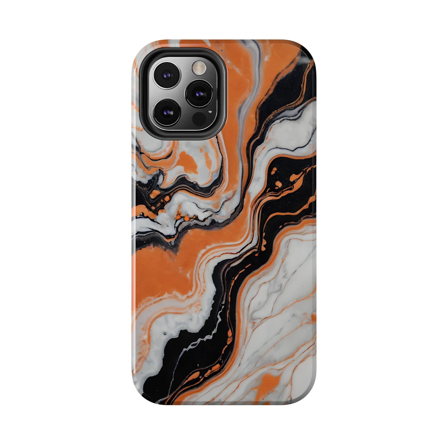 Stylish Tough Phone Case - Elegant Black, White & Orange Marble Design - for iPhone