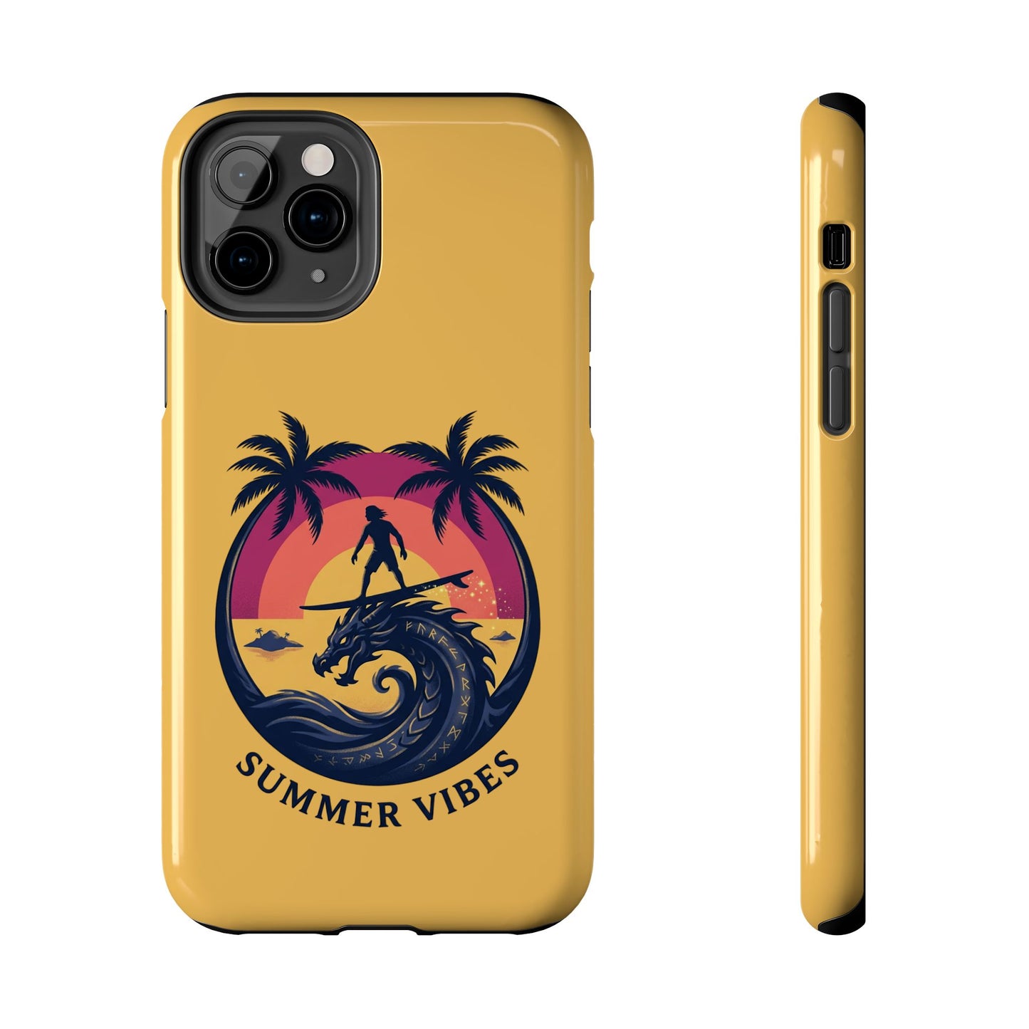 Surfing Dragon Phone Case — Silhouette Surfer with Palms & “Summer Vibes”