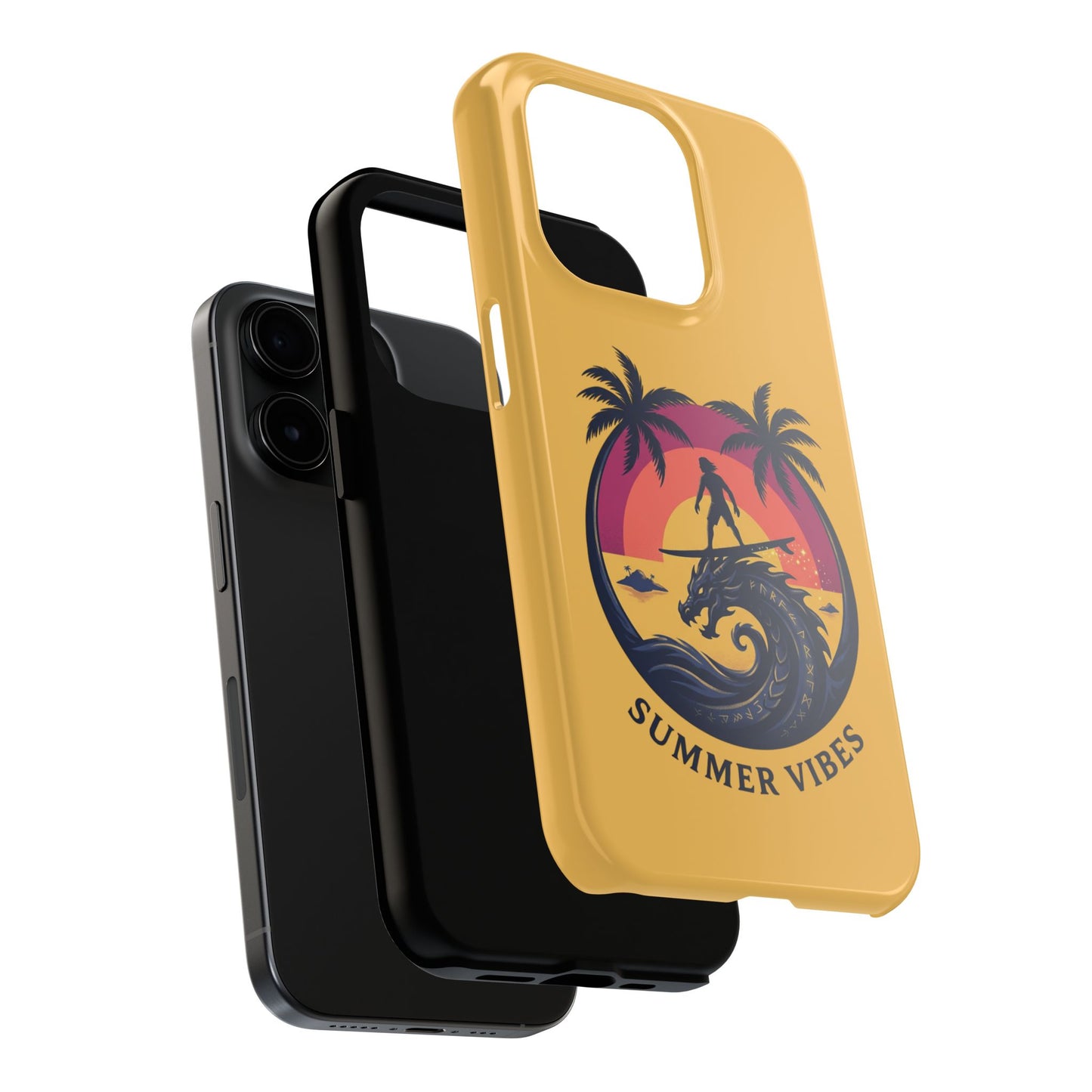 Surfing Dragon Phone Case — Silhouette Surfer with Palms & “Summer Vibes”