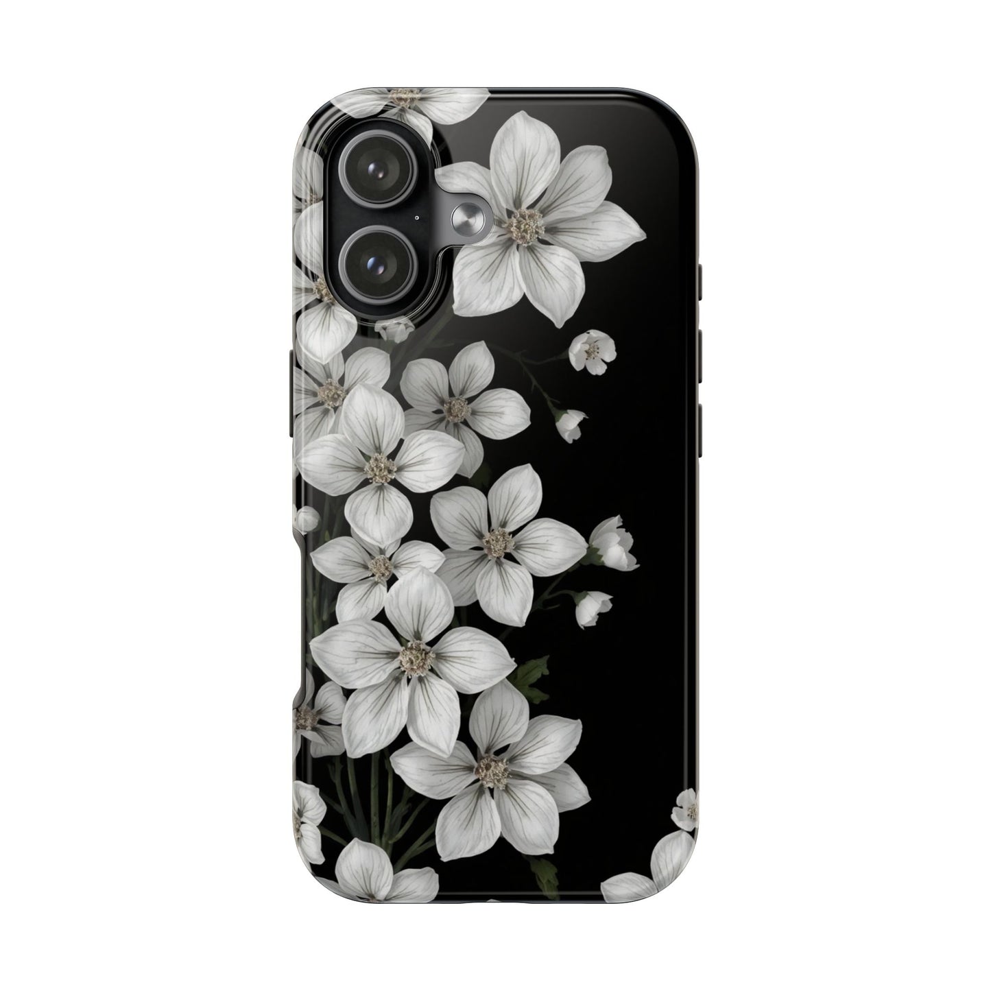Floral Tough Phone Case - Pure Elegant White Petals on Black Background - for iPhone