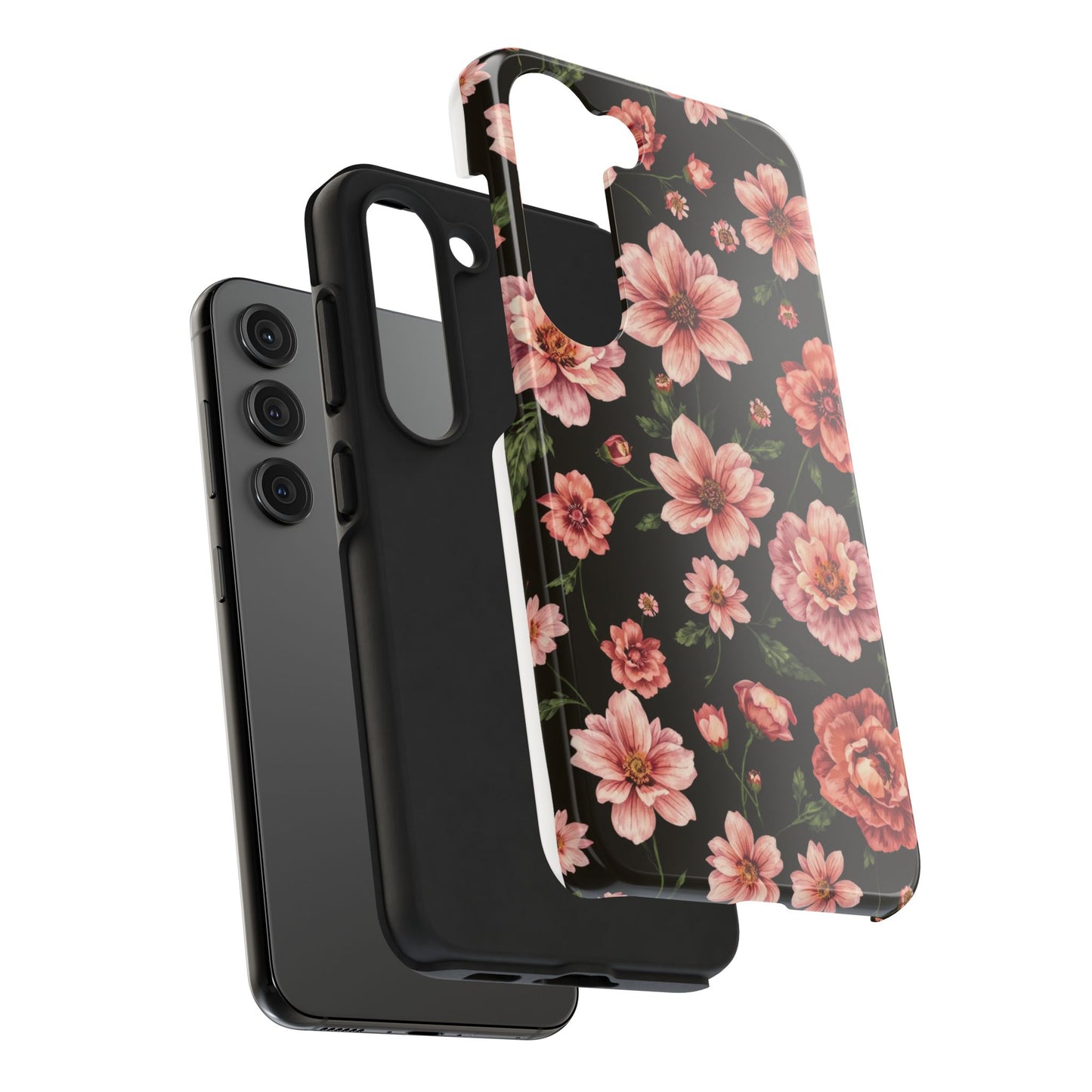 Floral Tough Phone Case - Durable Protection with Elegant Pink Flowers on Black Design - for iPhone