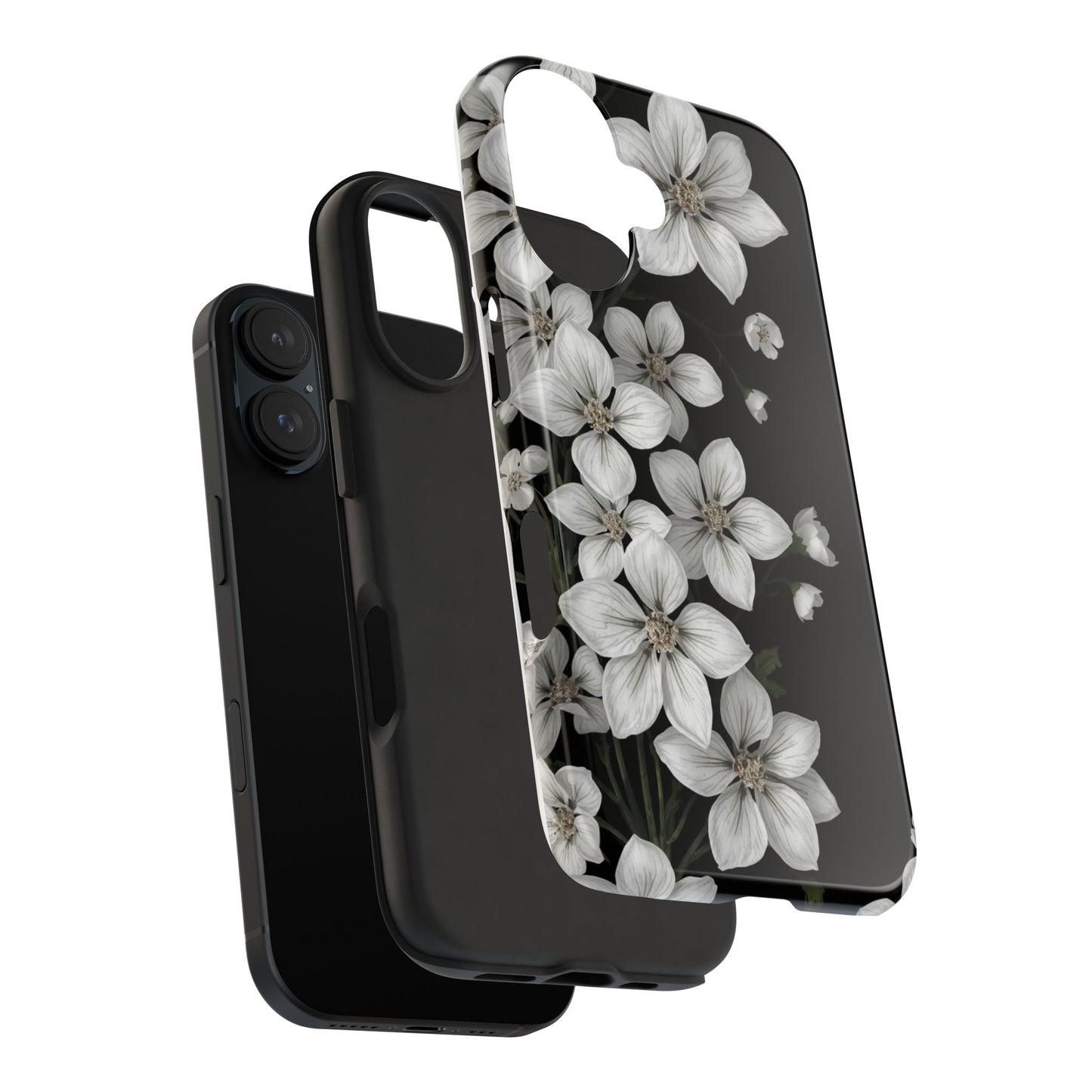 Floral Tough Phone Case - Pure Elegant White Petals on Black Background - for iPhone