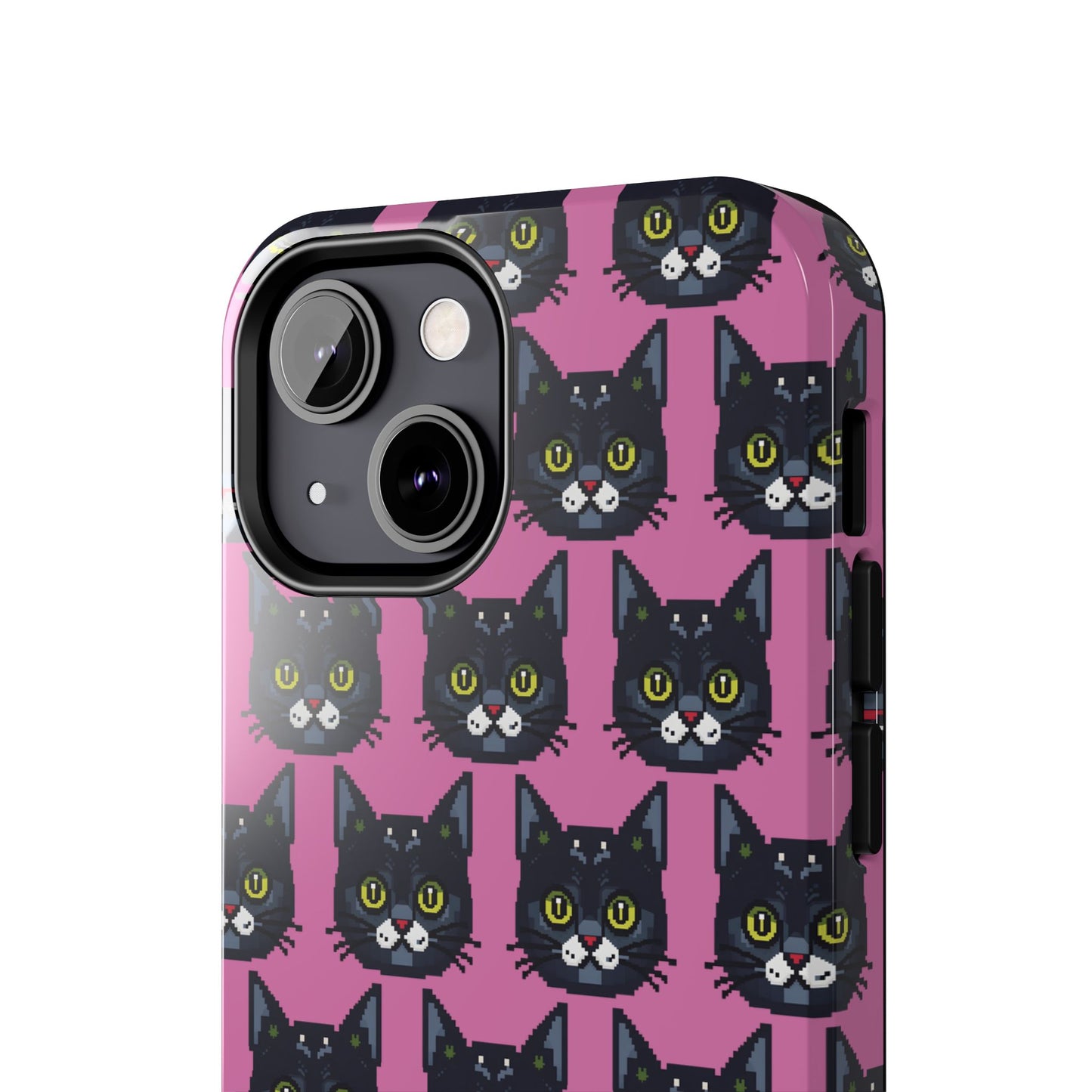 Playful Black Cat on Pink - Tough Phone Case - Pixel Cat Pattern - for iPhone