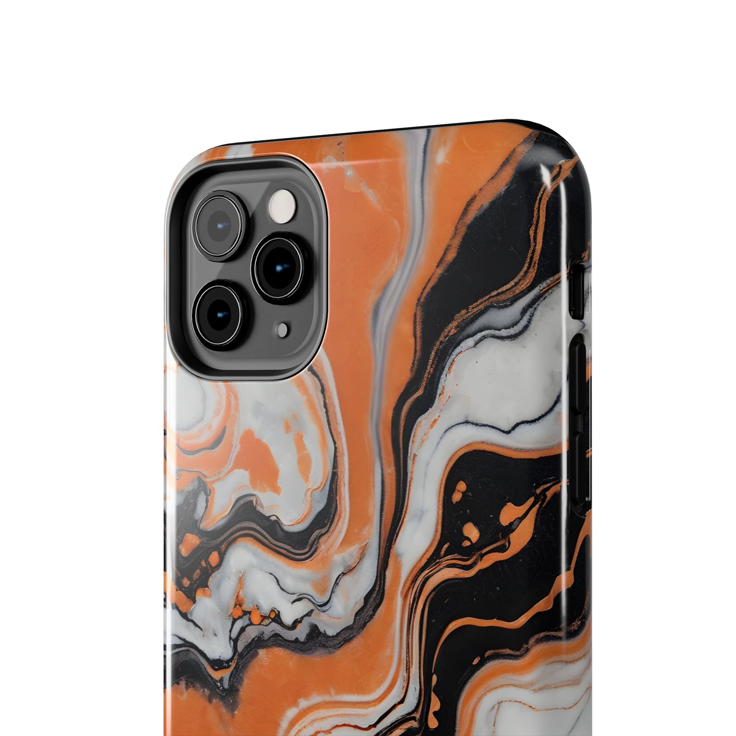 Stylish Tough Phone Case - Elegant Black, White & Orange Marble Design - for iPhone