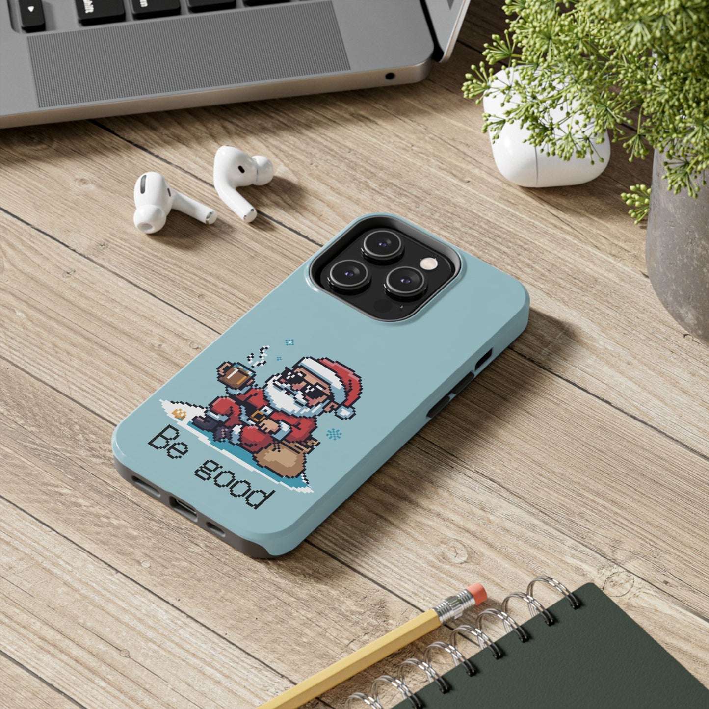 Pixel Art Santa Claus iPhone Case - Festive Tough Case with 'Be Good' Design