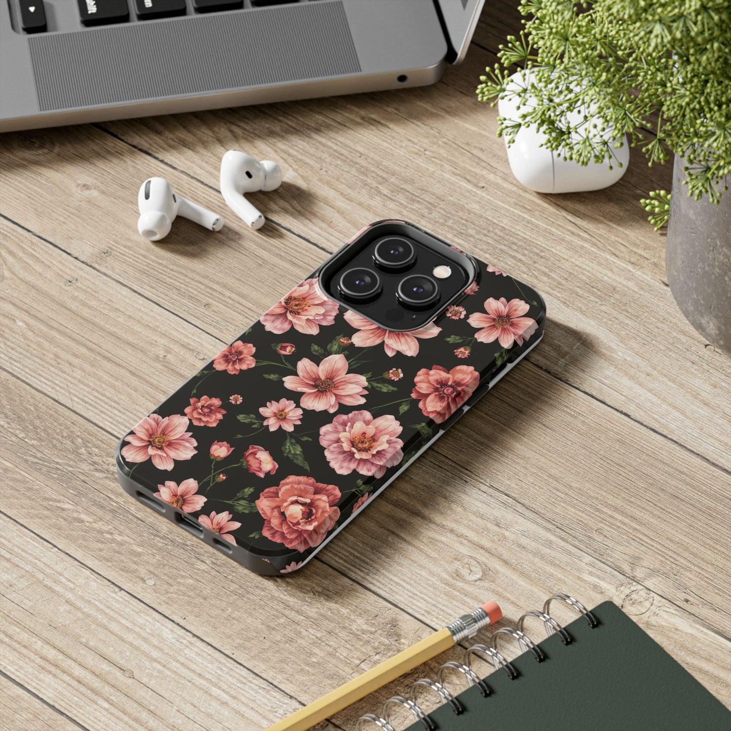 Floral Tough Phone Case - Durable Protection with Elegant Pink Flowers on Black Design - for iPhone