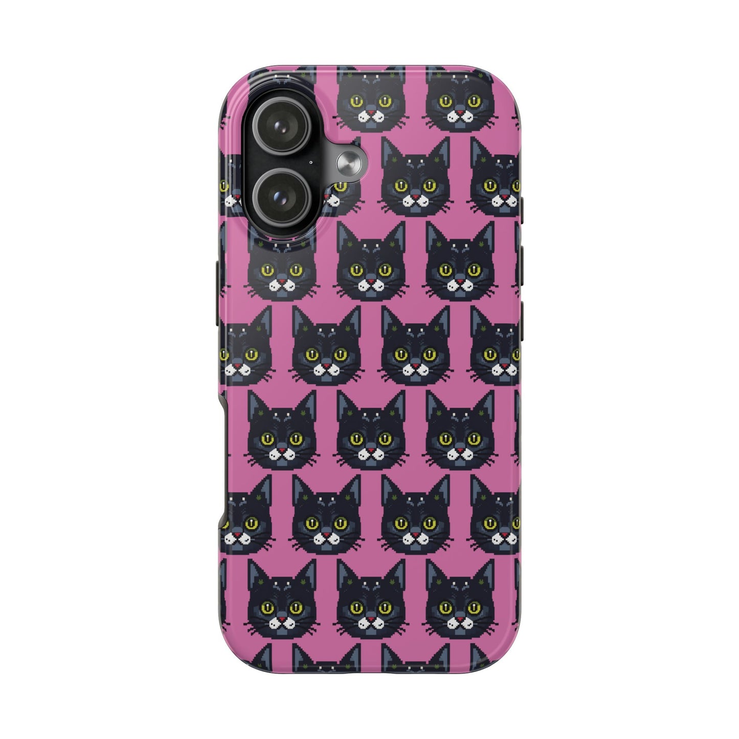 Playful Black Cat on Pink - Tough Phone Case - Pixel Cat Pattern - for iPhone