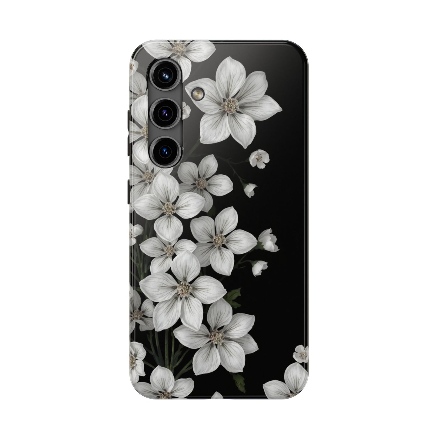 Floral Tough Phone Case - Pure Elegant White Petals on Black Background - for iPhone