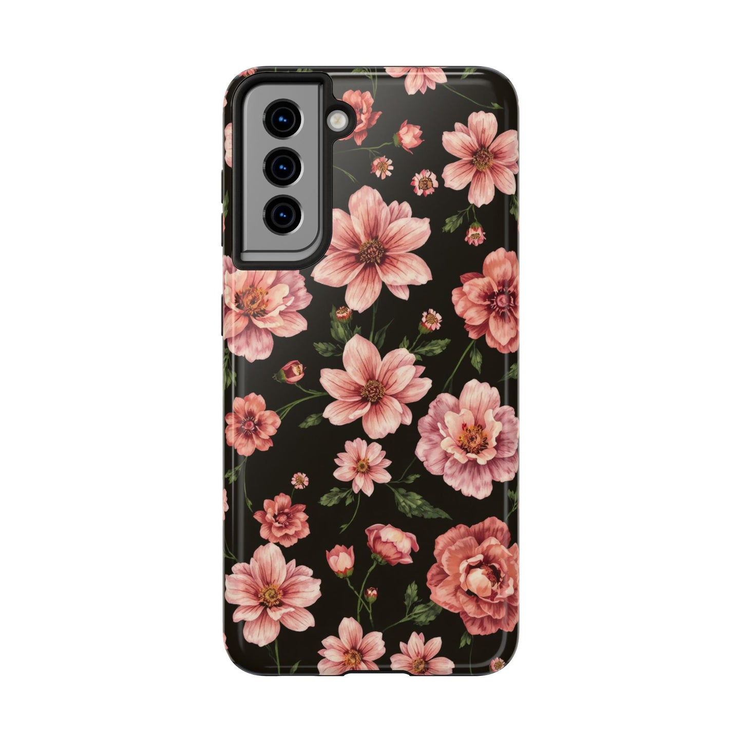 Floral Tough Phone Case - Durable Protection with Elegant Pink Flowers on Black Design - for iPhone