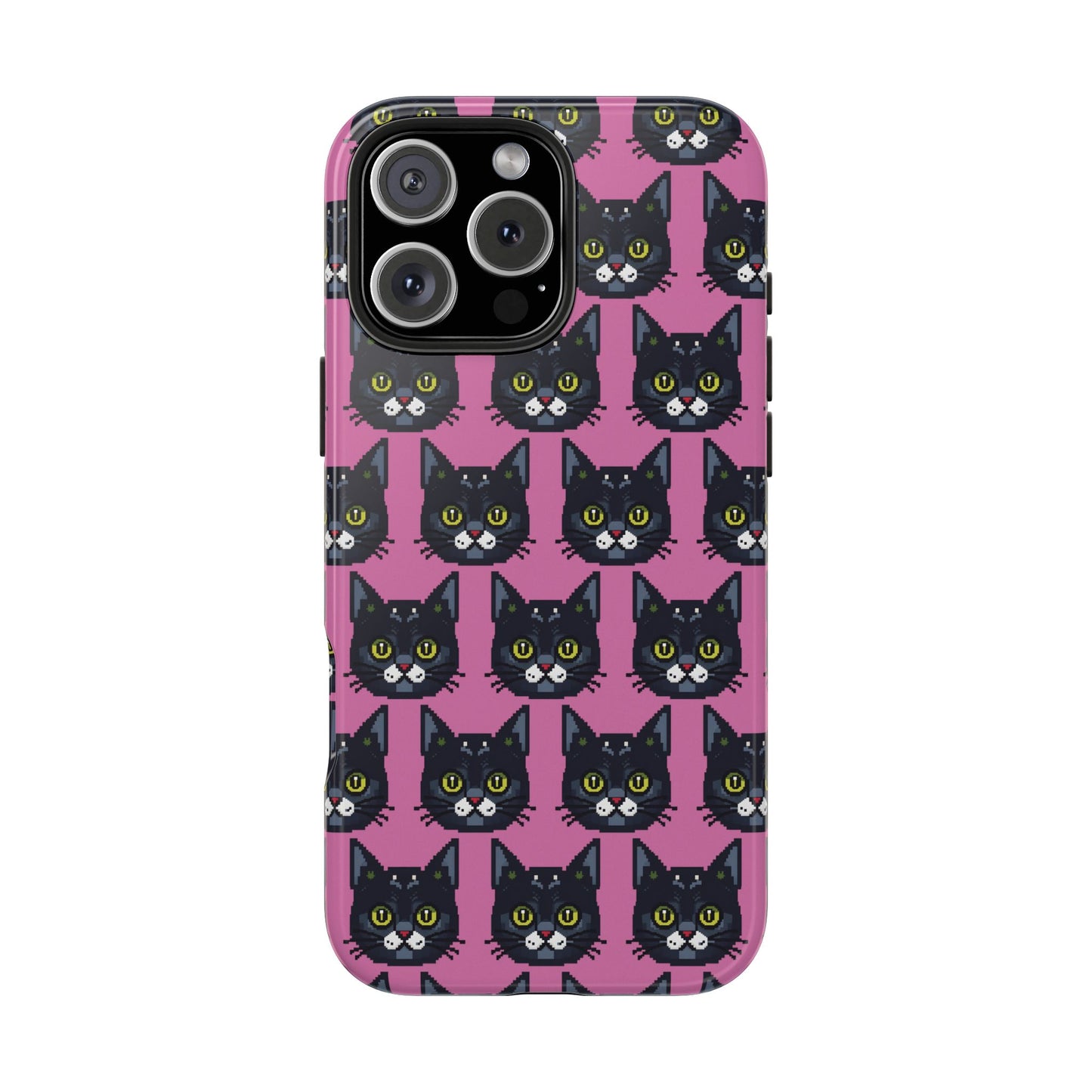 Playful Black Cat on Pink - Tough Phone Case - Pixel Cat Pattern - for iPhone