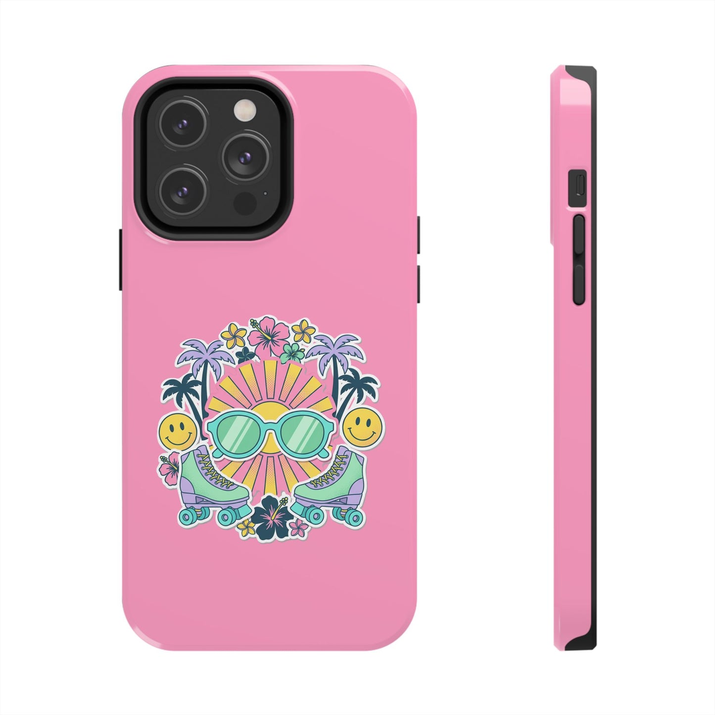 Retro Summer Phone Case — Y2K Palm Trees, Roller Skates & Smiley Collage
