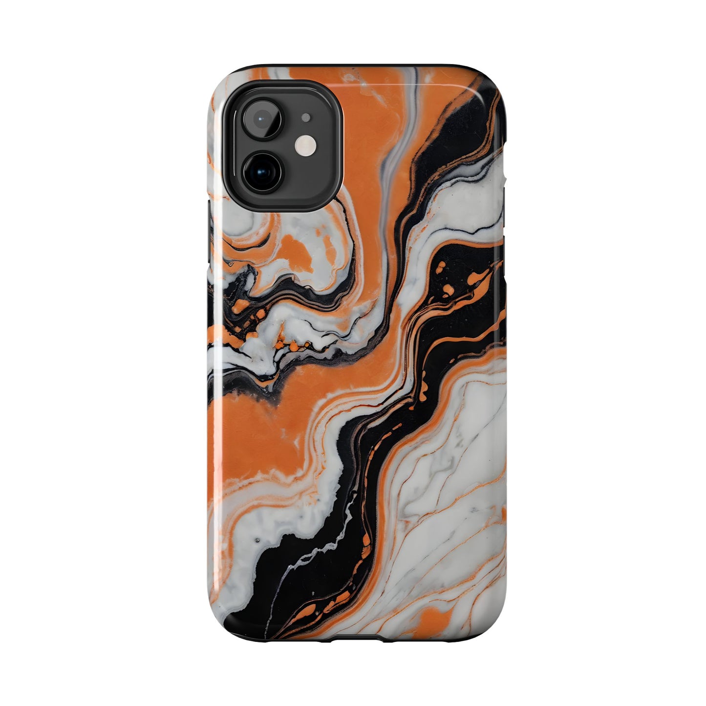 Stylish Tough Phone Case - Elegant Black, White & Orange Marble Design - for iPhone