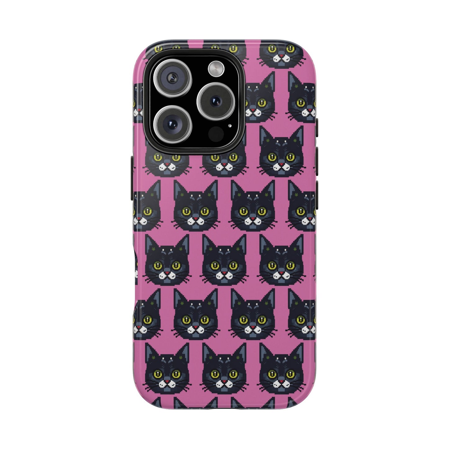 Playful Black Cat on Pink - Tough Phone Case - Pixel Cat Pattern - for iPhone