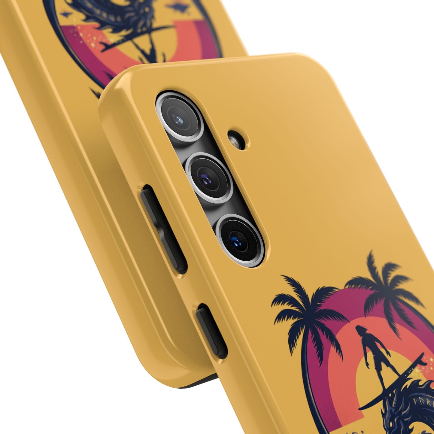 Surfing Dragon Phone Case — Silhouette Surfer with Palms & “Summer Vibes”