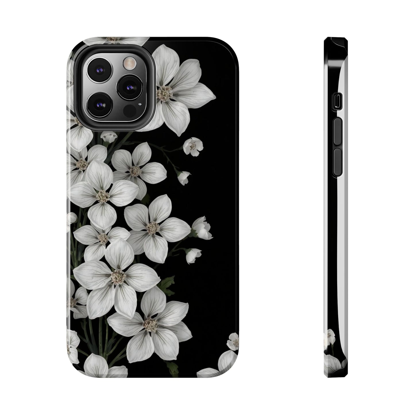 Floral Tough Phone Case - Pure Elegant White Petals on Black Background - for iPhone