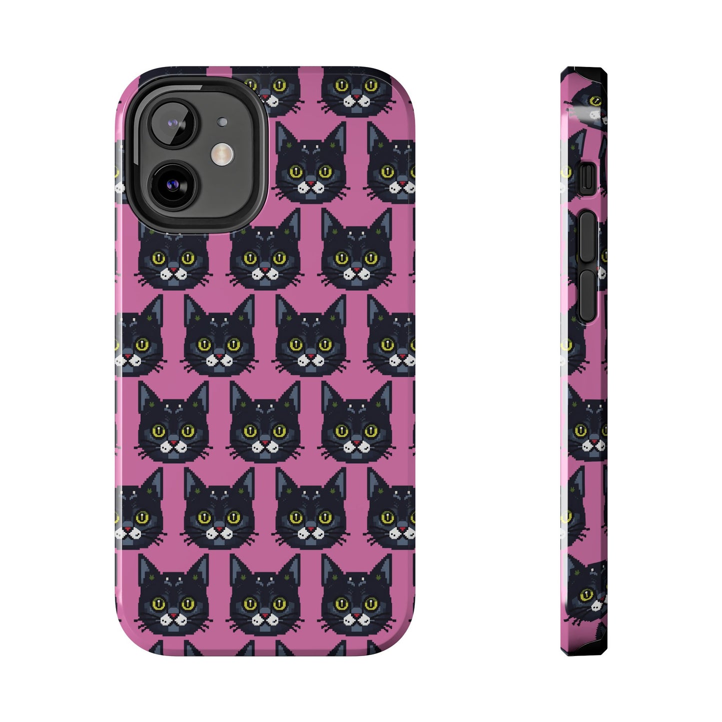 Playful Black Cat on Pink - Tough Phone Case - Pixel Cat Pattern - for iPhone