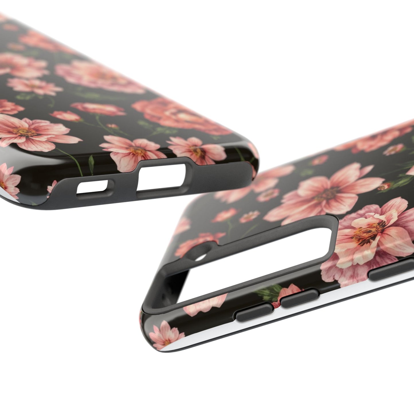 Floral Tough Phone Case - Durable Protection with Elegant Pink Flowers on Black Design - for iPhone