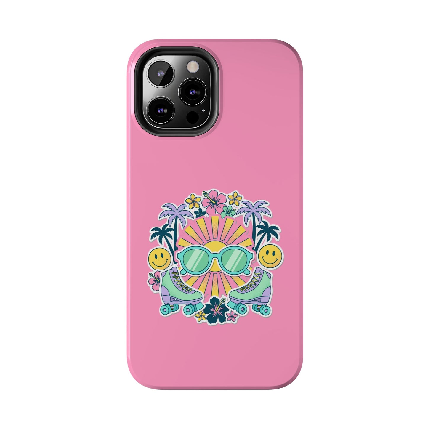 Retro Summer Phone Case — Y2K Palm Trees, Roller Skates & Smiley Collage