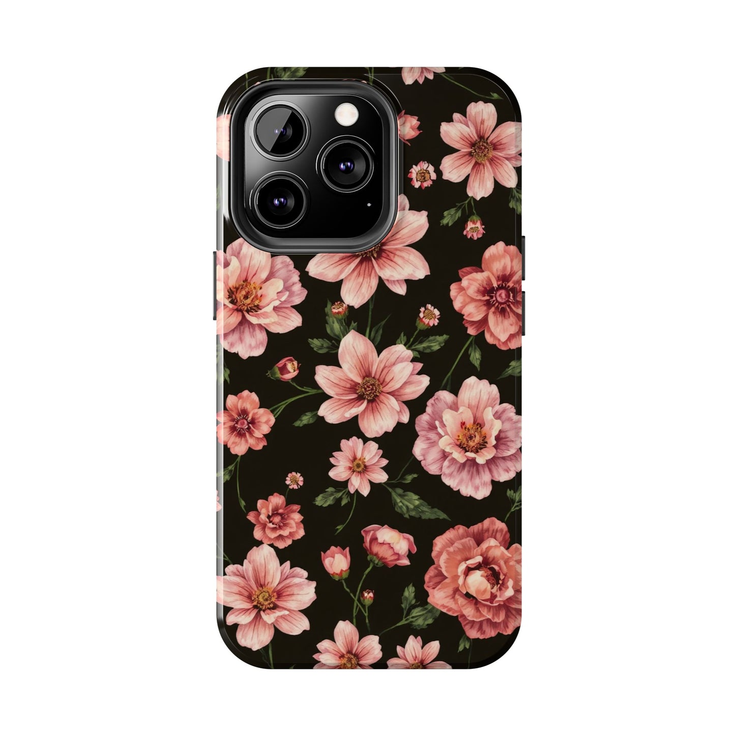 Floral Tough Phone Case - Durable Protection with Elegant Pink Flowers on Black Design - for iPhone