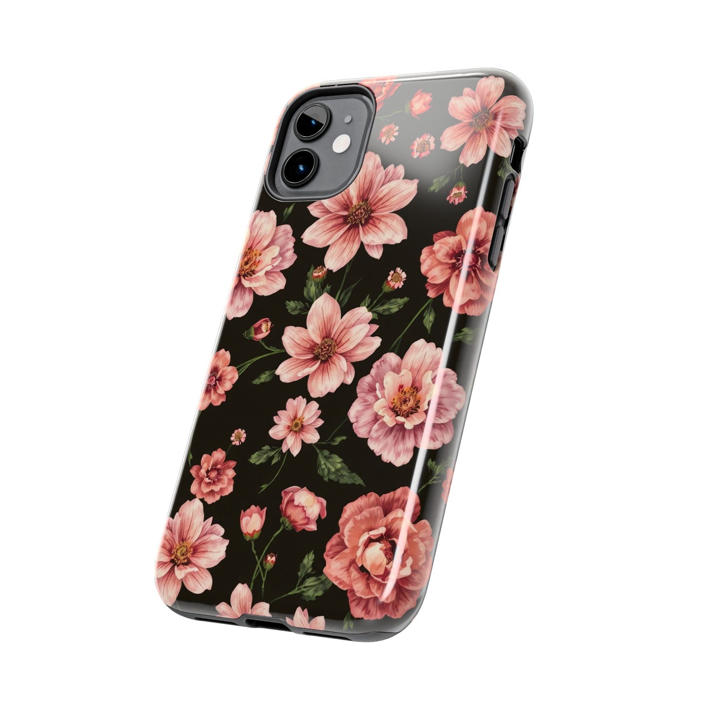 Floral Tough Phone Case - Durable Protection with Elegant Pink Flowers on Black Design - for iPhone