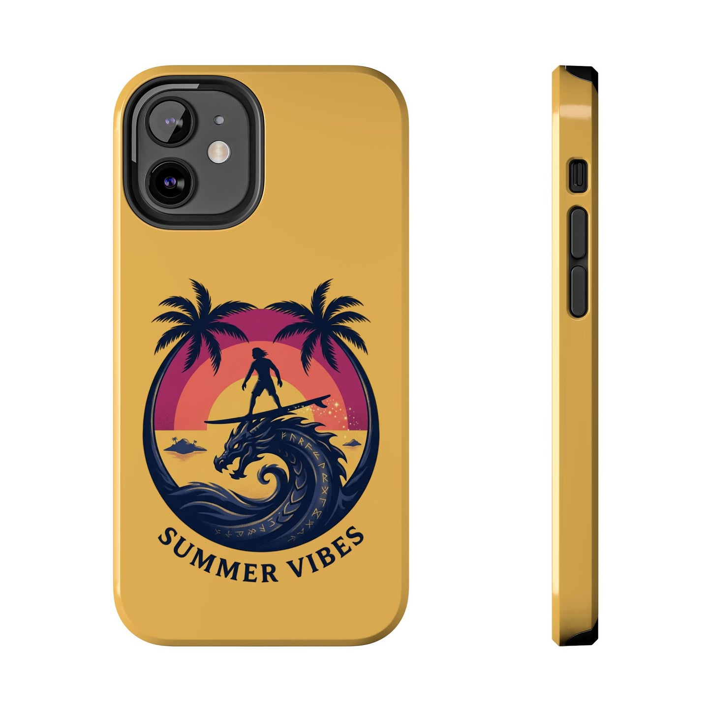 Surfing Dragon Phone Case — Silhouette Surfer with Palms & “Summer Vibes”