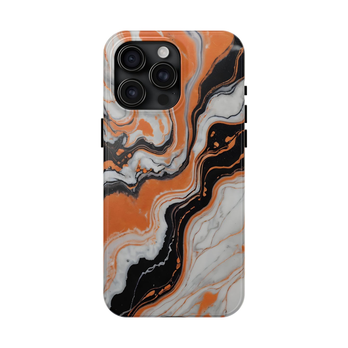 Stylish Tough Phone Case - Elegant Black, White & Orange Marble Design - for iPhone