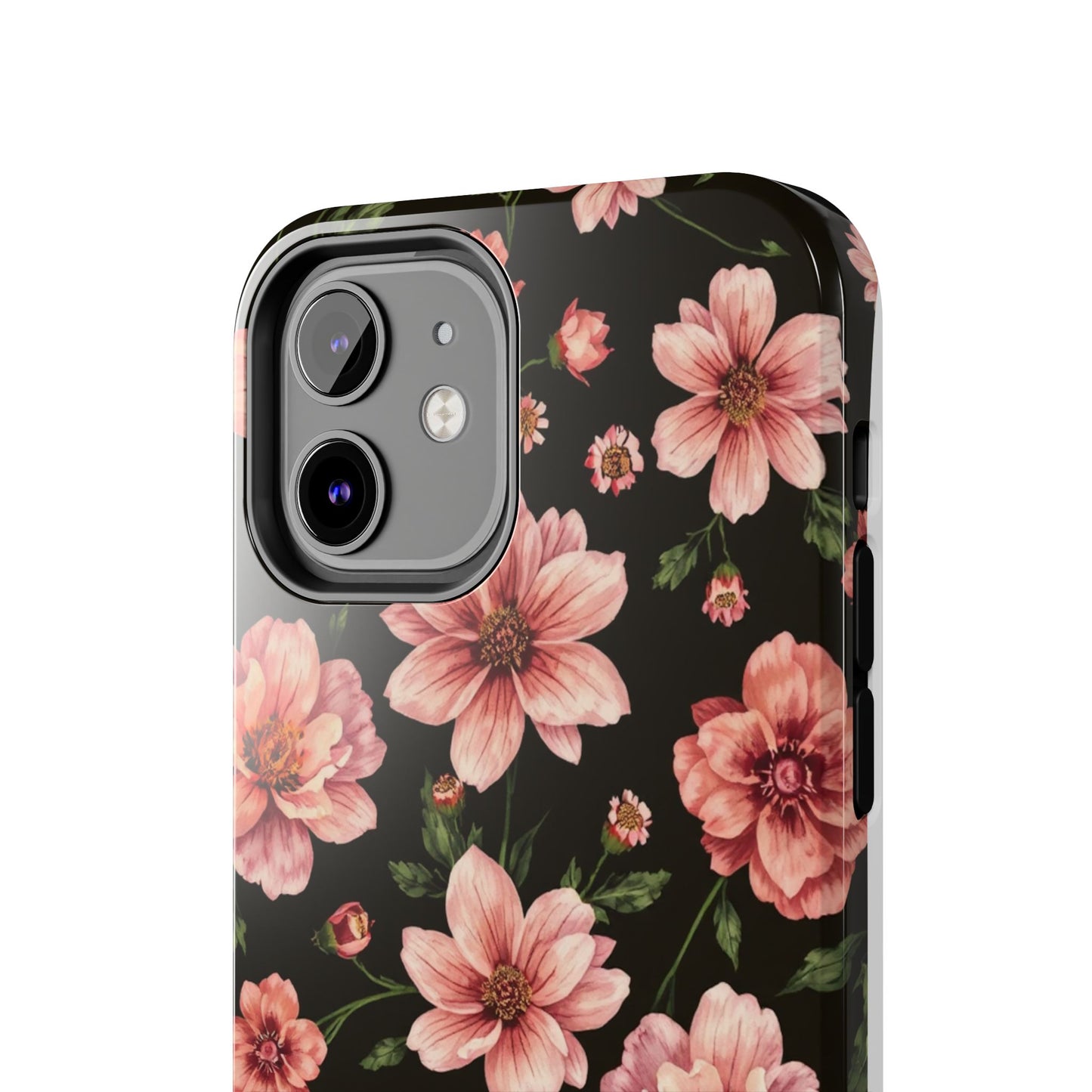 Floral Tough Phone Case - Durable Protection with Elegant Pink Flowers on Black Design - for iPhone