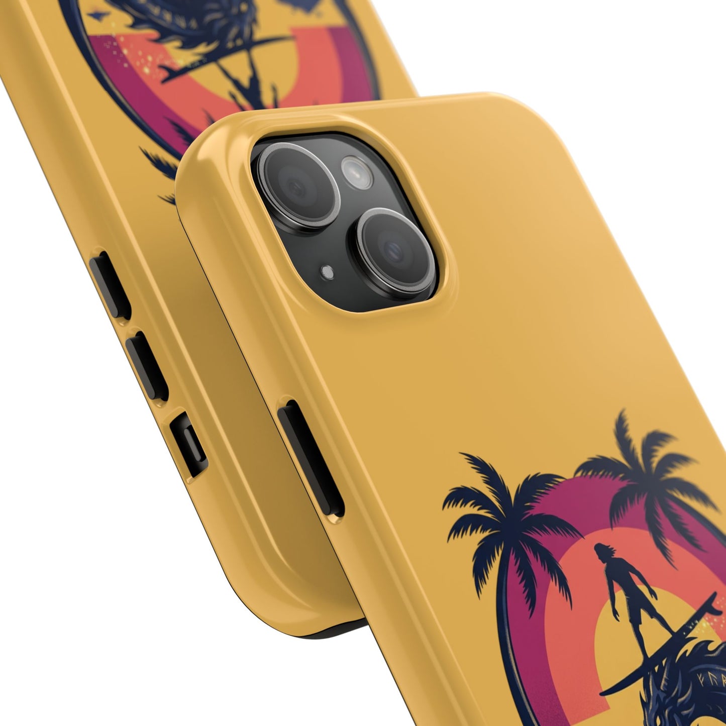 Surfing Dragon Phone Case — Silhouette Surfer with Palms & “Summer Vibes”