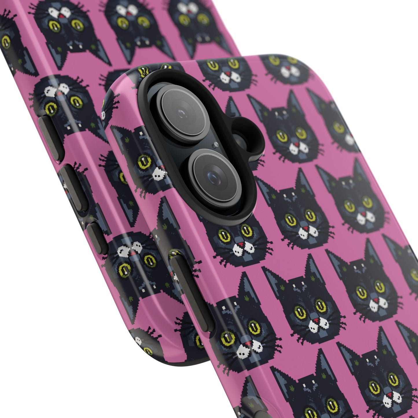 Playful Black Cat on Pink - Tough Phone Case - Pixel Cat Pattern - for iPhone