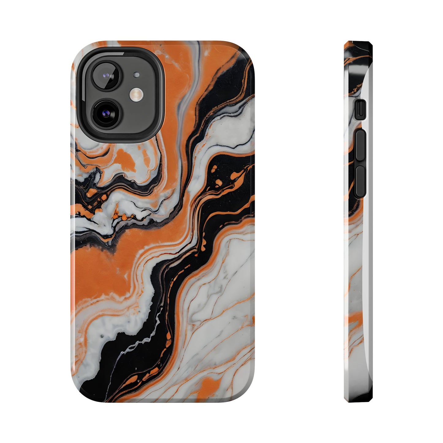 Stylish Tough Phone Case - Elegant Black, White & Orange Marble Design - for iPhone