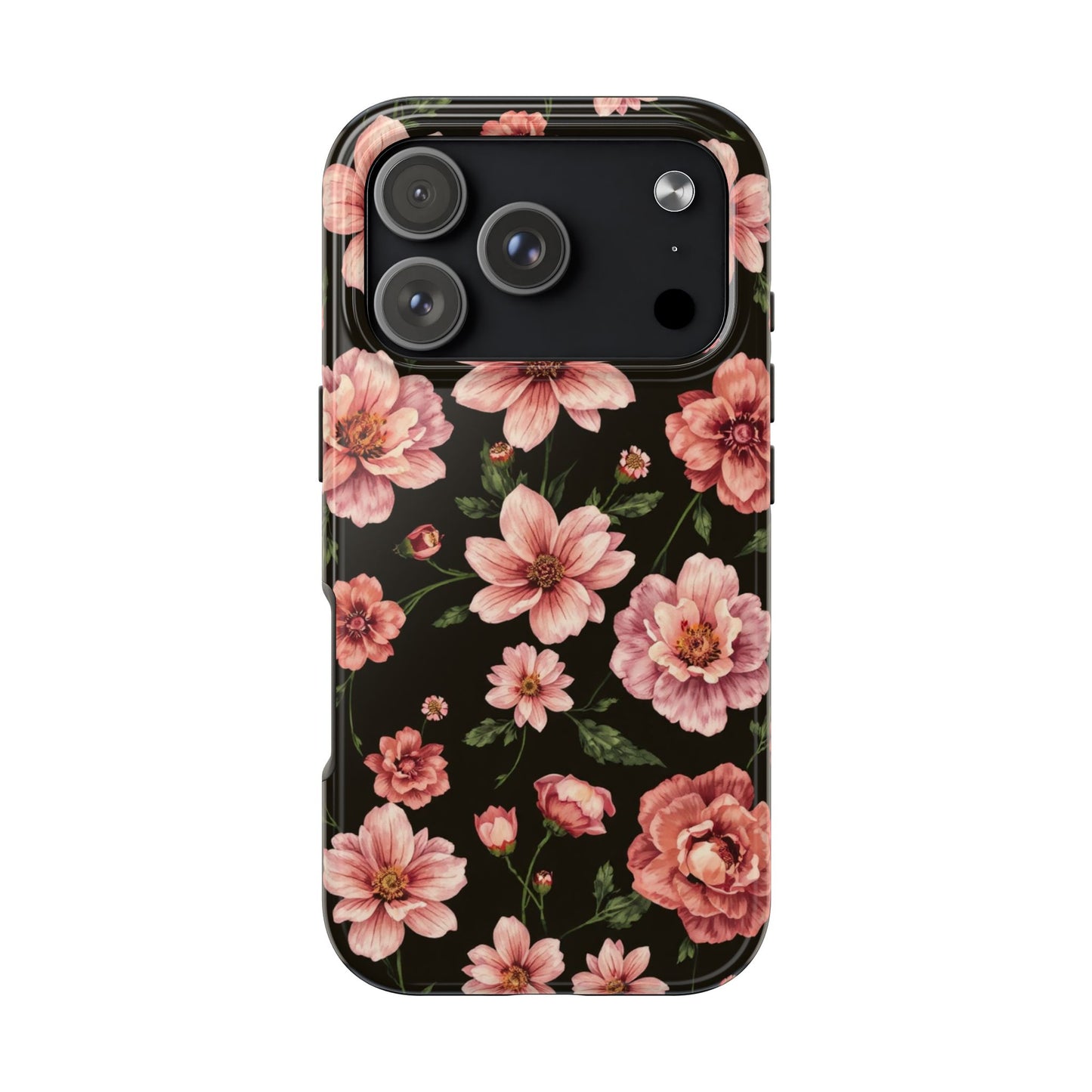 Floral Tough Phone Case - Durable Protection with Elegant Pink Flowers on Black Design - for iPhone