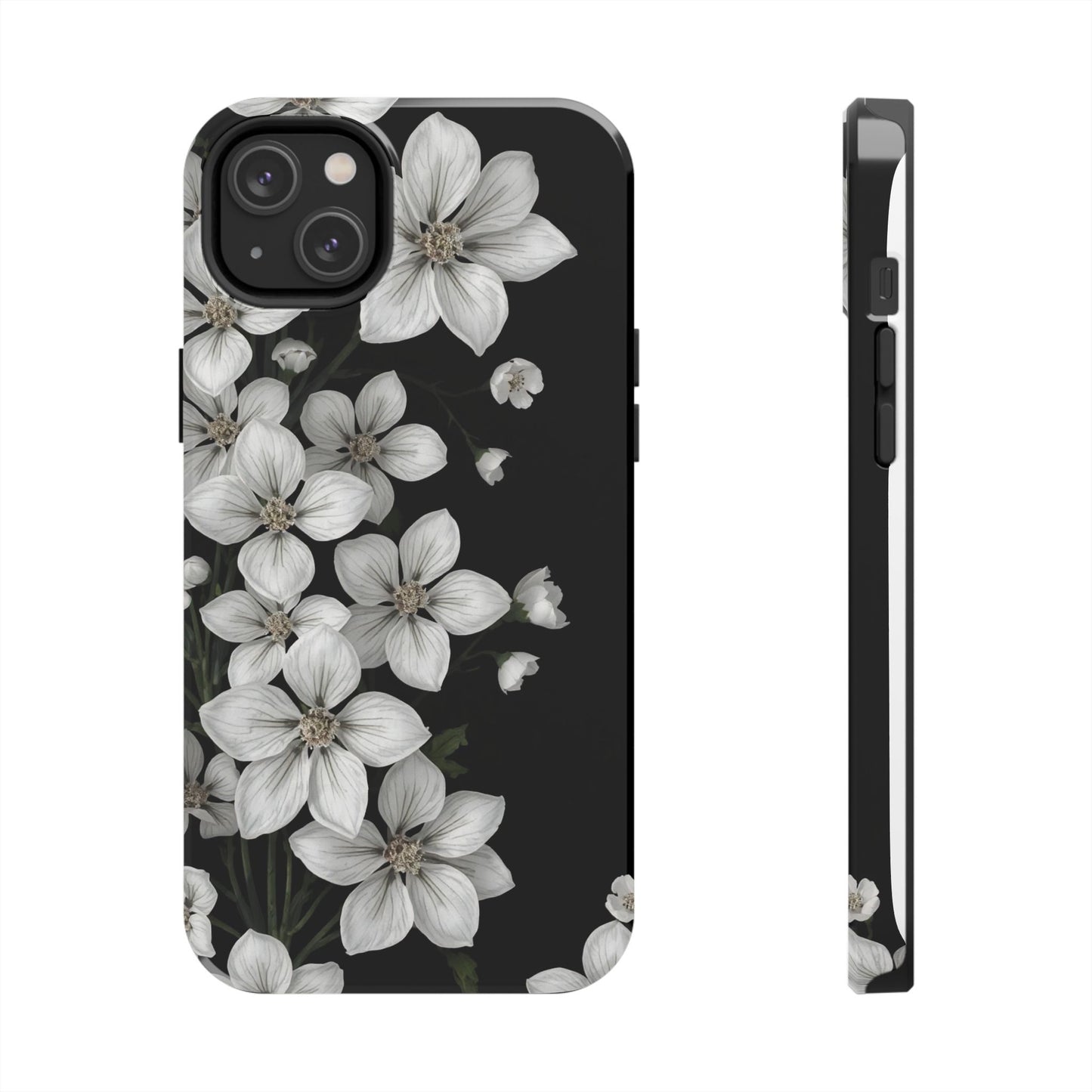 Floral Tough Phone Case - Pure Elegant White Petals on Black Background - for iPhone