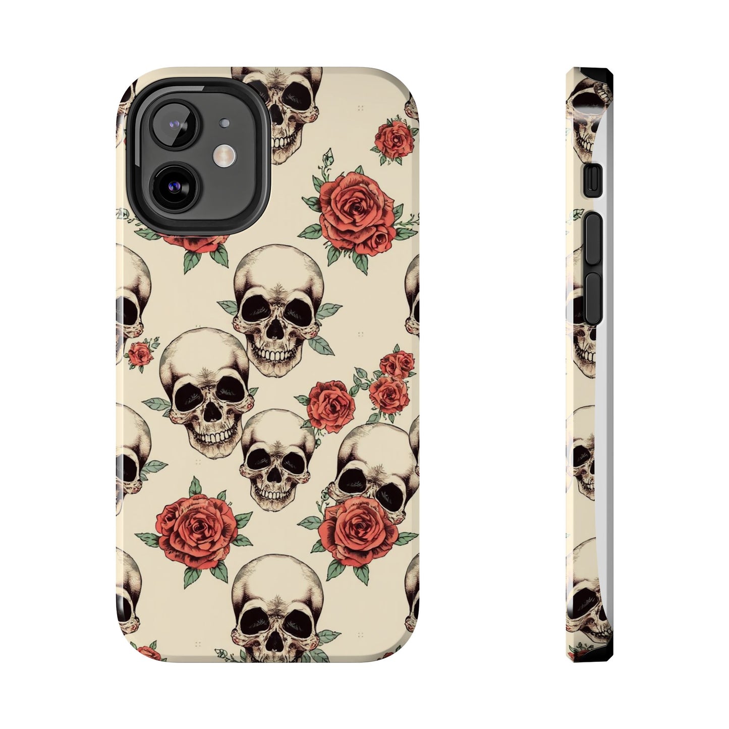 Tough Phone Case with Skull and Rose Design - Edgy Floral iPhone Protection