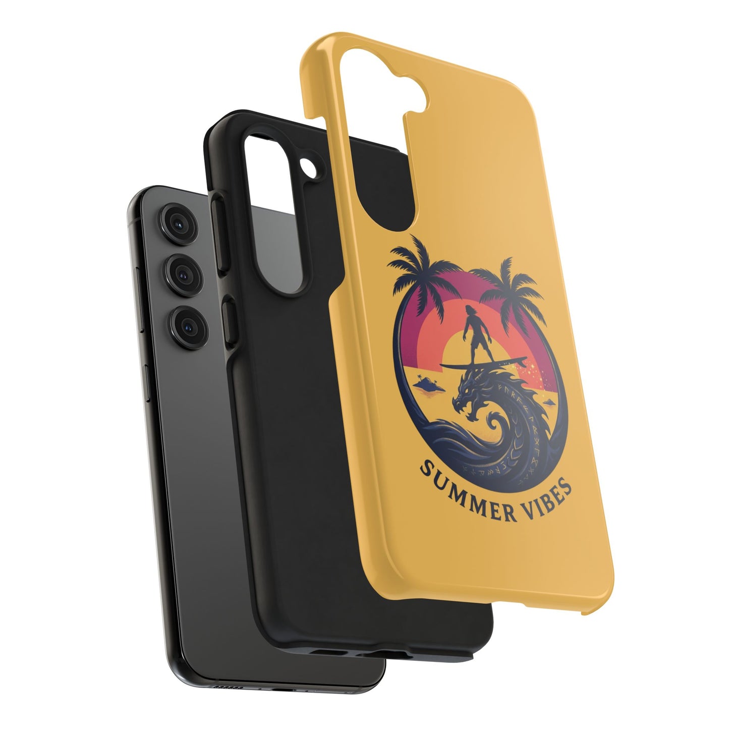 Surfing Dragon Phone Case — Silhouette Surfer with Palms & “Summer Vibes”