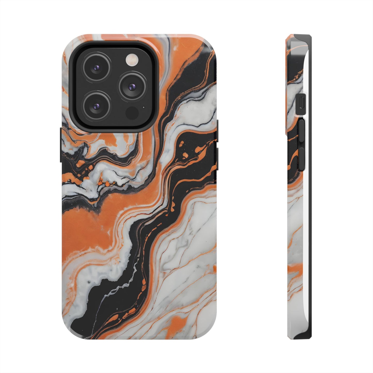 Stylish Tough Phone Case - Elegant Black, White & Orange Marble Design - for iPhone