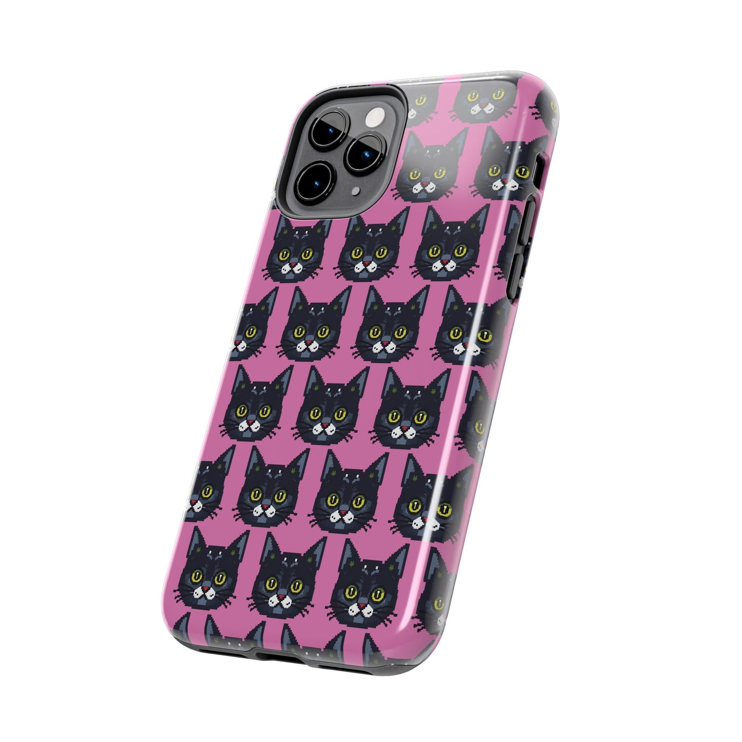 Playful Black Cat on Pink - Tough Phone Case - Pixel Cat Pattern - for iPhone