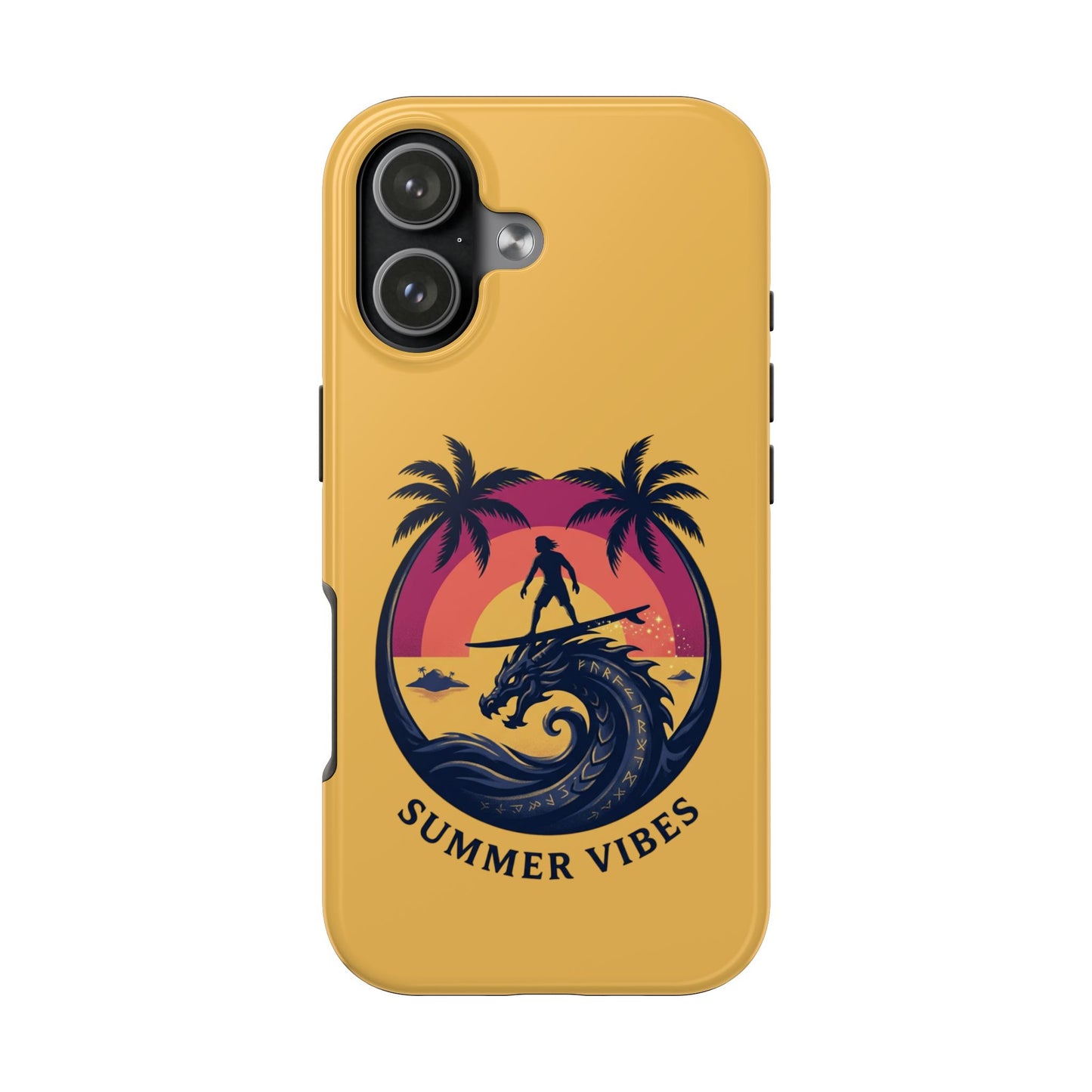 Surfing Dragon Phone Case — Silhouette Surfer with Palms & “Summer Vibes”