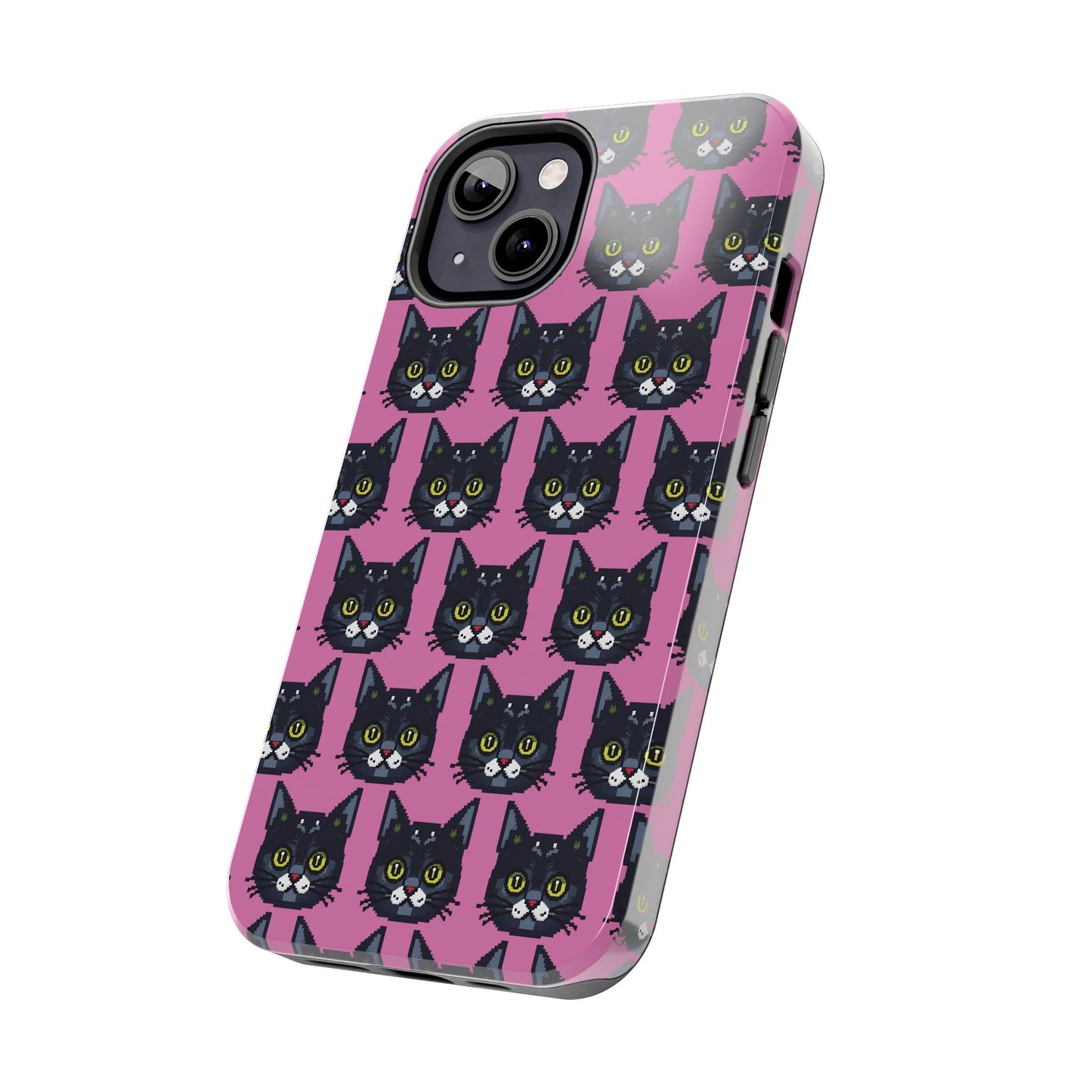 Playful Black Cat on Pink - Tough Phone Case - Pixel Cat Pattern - for iPhone