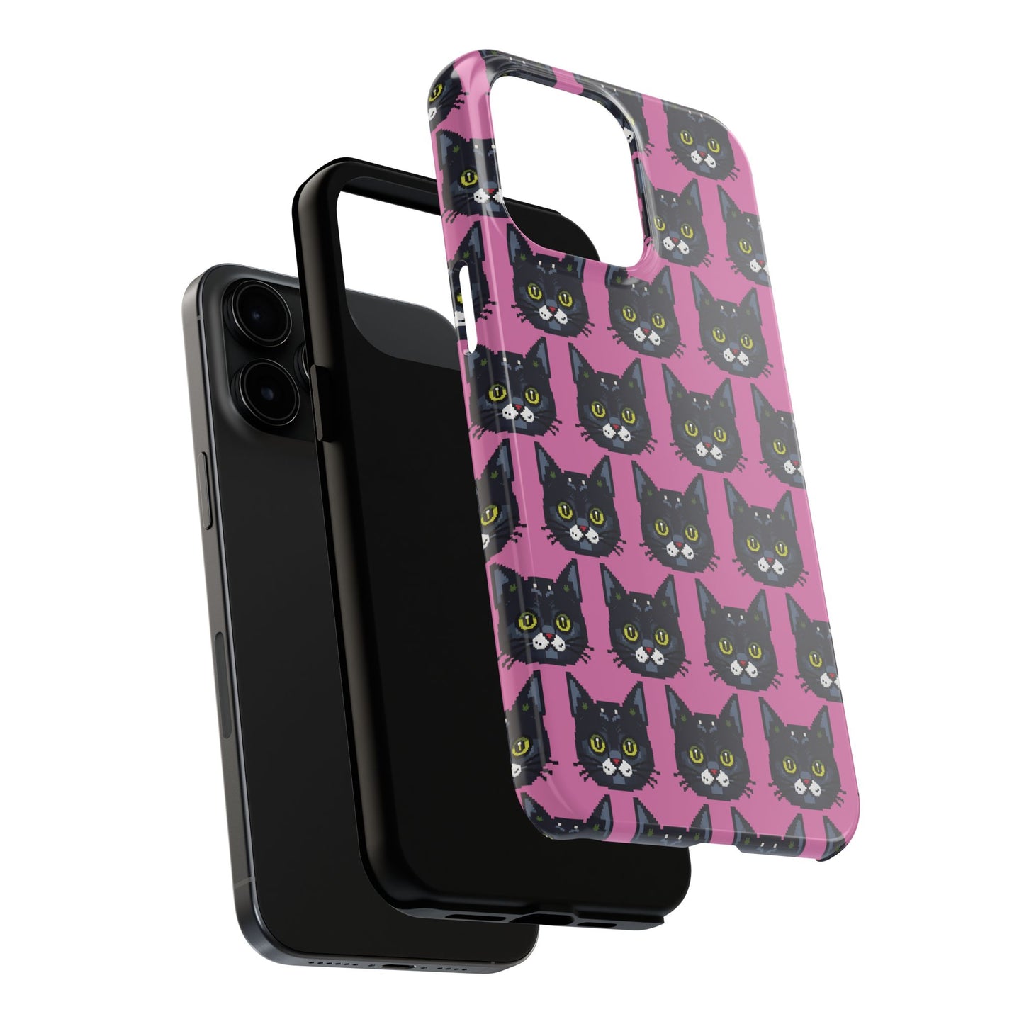 Playful Black Cat on Pink - Tough Phone Case - Pixel Cat Pattern - for iPhone