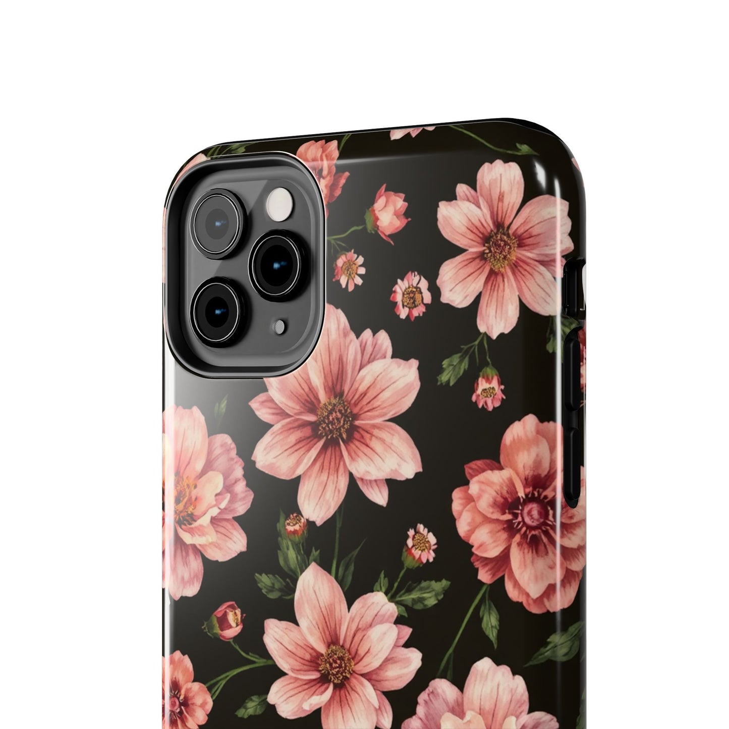 Floral Tough Phone Case - Durable Protection with Elegant Pink Flowers on Black Design - for iPhone