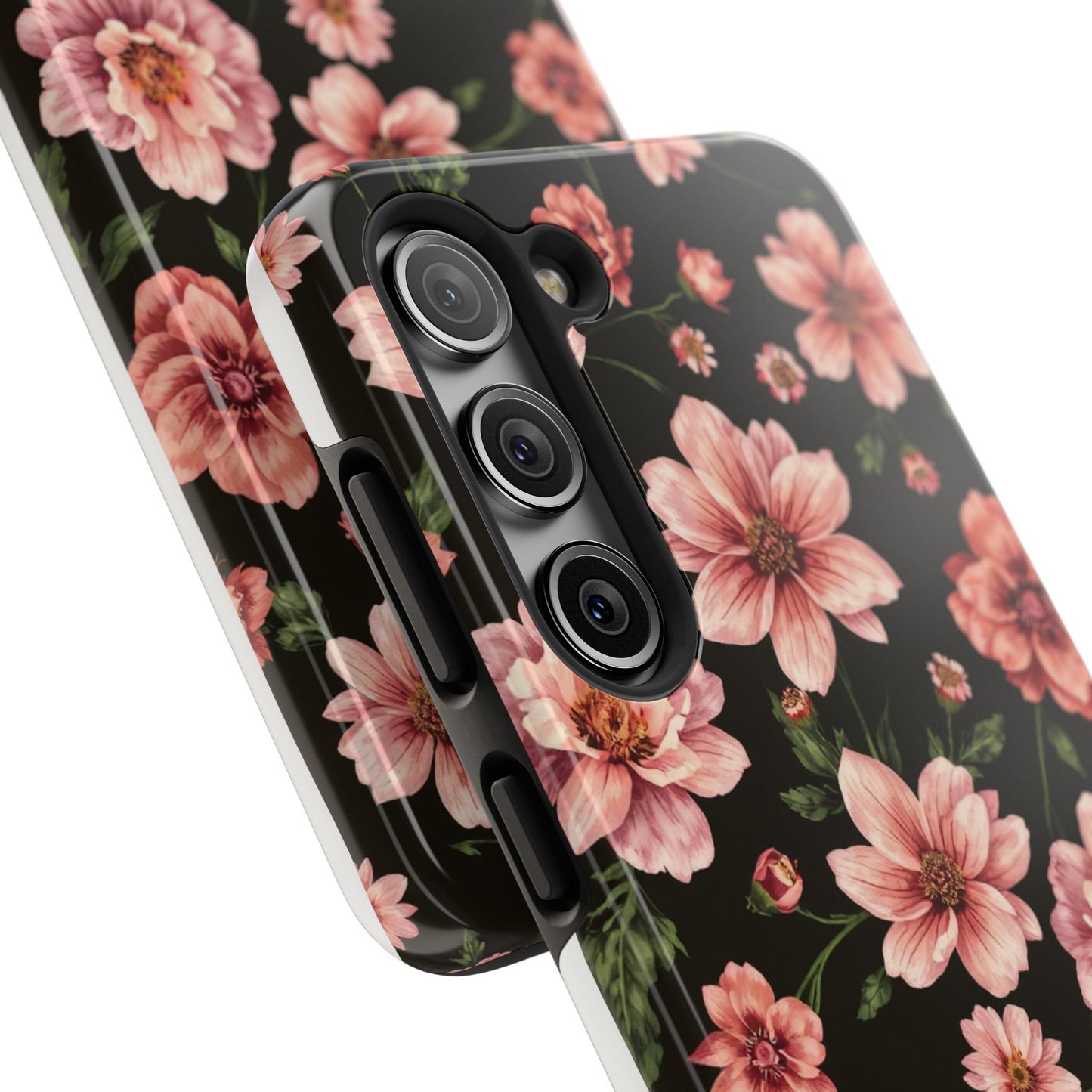 Floral Tough Phone Case - Durable Protection with Elegant Pink Flowers on Black Design - for iPhone